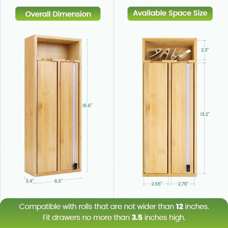 Soligt 2 in 1 Foil and Plastic Wrap Organizer | Aluminum Foil Dispenser with Serrated Edge | Plastic Wrap Dispenser with Cutter | Bamboo Kitchen Drawer Organizer Fit Parchment, Wax Paper