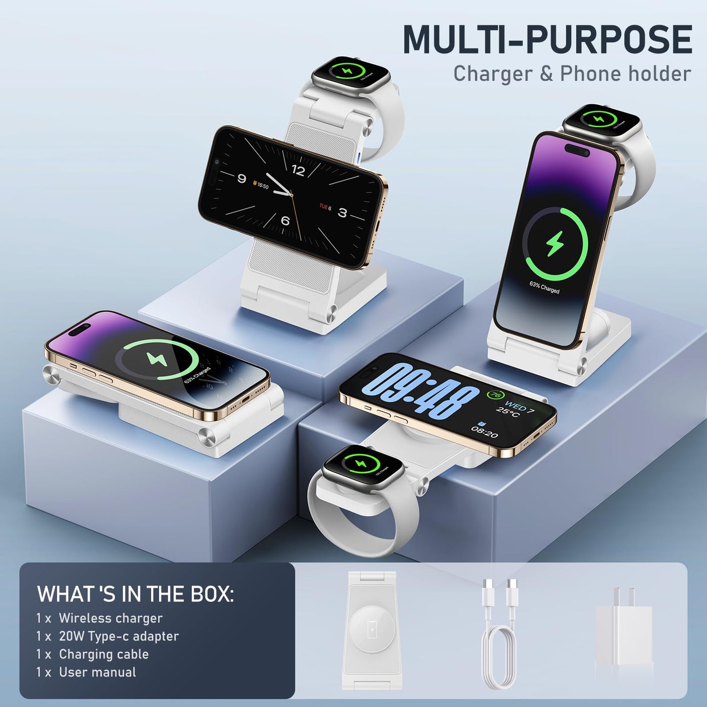 Magnetic Wireless Charger Stand, 3 in 1 Foldable Wireless Charging Station with 20W Adapter, Travel Charger for Multiple Devices for iPhone 17 16 15 14 13 12 Pro/Max/Plus/Mini, iWatch, AirPods