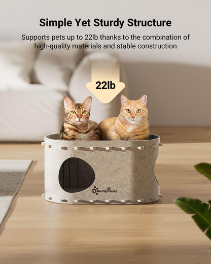 DownyPaws Cat House for Indoor Cats, Cat Bed Cave for Multiple & Large Cats Up to 22 Lbs, Scratch Resistant Peekaboo Cat Caves, Foldable Cat Tunnel Enclosed Bed, PeekaPurr, Cream