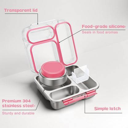 Pawtong Stainless Steel Bento Box Kids Adult with 7oz Insulated Food Jar, Transparent Lid Metal Lunch Box With Soup Thermal Jar, Lunch Box Container with Removable Divider & Sauce Cup School (Pink)