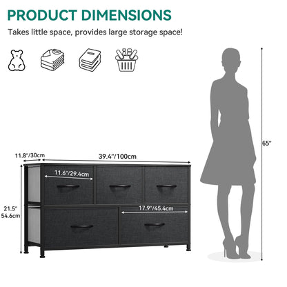 YITAHOME Wide Chest of Drawers, Dresser with 5 Drawers, Oak Greige Fabric Storage Tower, Dresser for Room with 5 Drawers, Living Room, Closets - Sturdy Steel Frame, Wooden Top