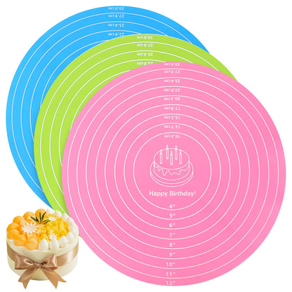 TIESOME 3 Pcs Round Silicone Baking Mat, 12 Inch (30cm) Silicone Rolling Mat With Measurements, Reusable Non-Stick Heat Resistant Baking Sheet for Dough, Fondant, Cookie & Pizza (Blue Pink Green)