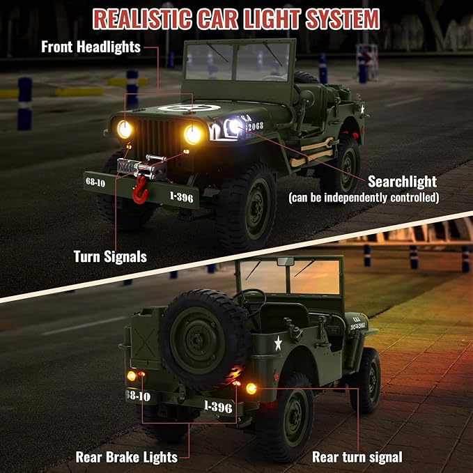 Remote Control Truck Off Road - 4x4 1/10 Scale Willys Army Rock Crawler RC Truck with Winch&ampCar Cover 40Mins Play Time All Terrain Offroad RC Car Military Vehicle Toys for Boys Radio Controlled