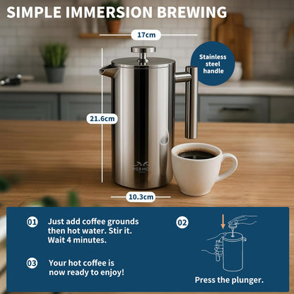 MERMOO YILAN French Press 34oz Insulated Stainless Steel Coffee Maker Unbreakable Coffee Press Easy to Clean for Home, Camping, Travel (Black)