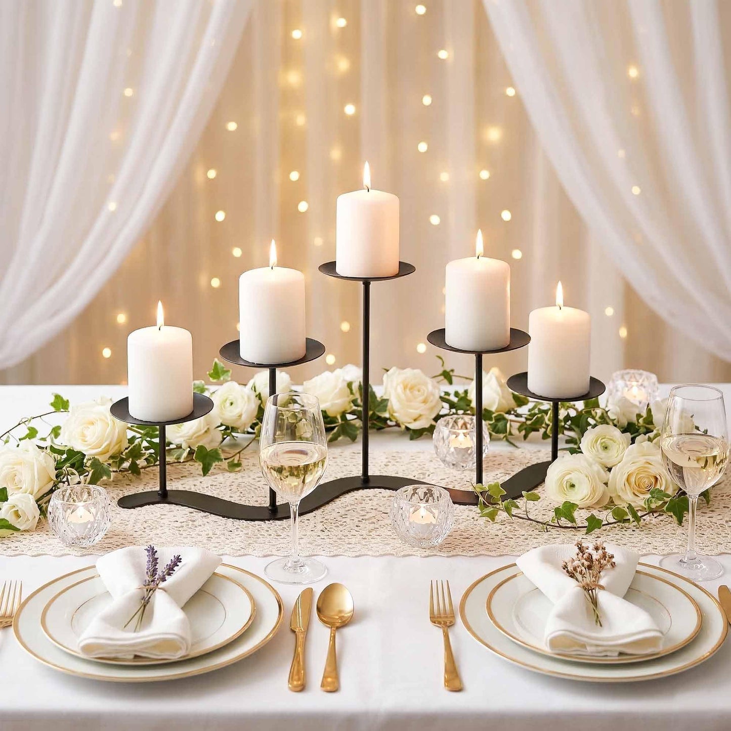 Iron Candle Holder Fireplace: 5 Metal Candelabra Centerpiece Decor - Candle Holder Stand for Candelabra Pillar Candles