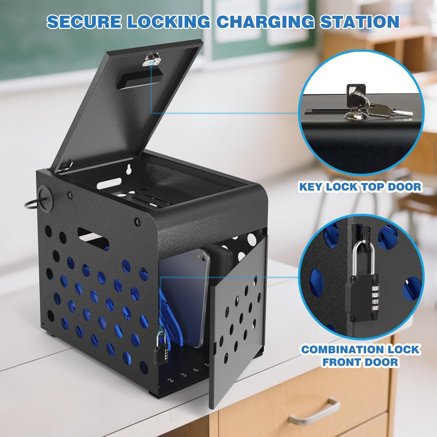 POCHAR 8-Device Chromebook Charging Cabinet for Classroom - Laptop Lock Box for iPad Tablet Fits 14" Screen - Portable Locking Charging Station for Schools, Offices, Hospitals (Black)