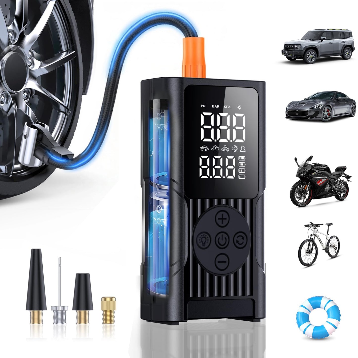 QQVVKK Tire Inflator Portable Air Compressor - 150PSI Cordless Air Pump for Car Tires, 3X Faster Electric Bike Pump with Digital Gauge & Auto Shut Off, LED Light, Power Bank