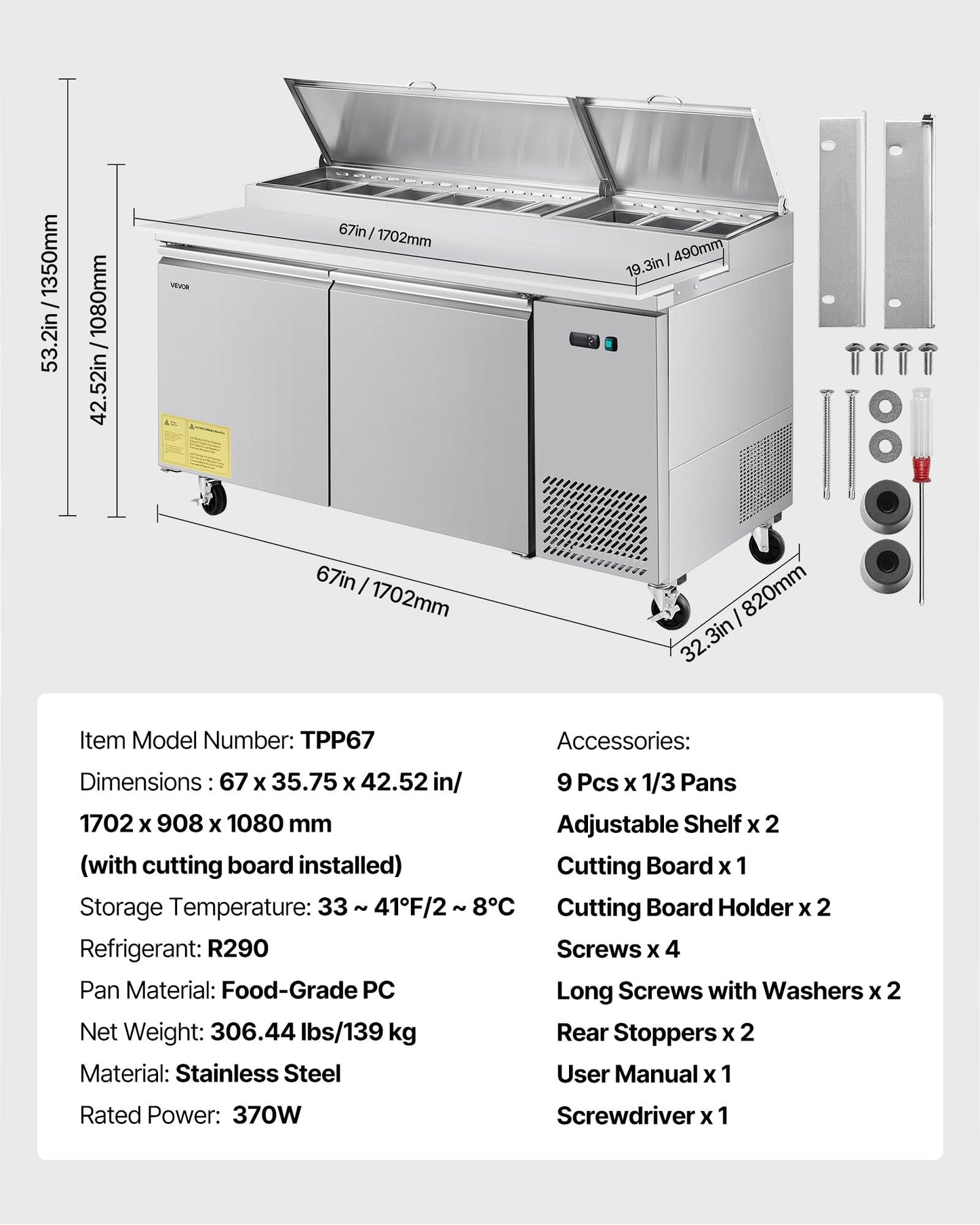 VEVOR 67"W Commercial Refrigerator, Pizza Prep Refrigerated Table, 19.3" Ultra Wide Countertop Food Prep Fridge, 20.3 Cu.Ft Single Door Salad Prep Fridge, 9 Pans Pizza Make Worktop with Cutting Board