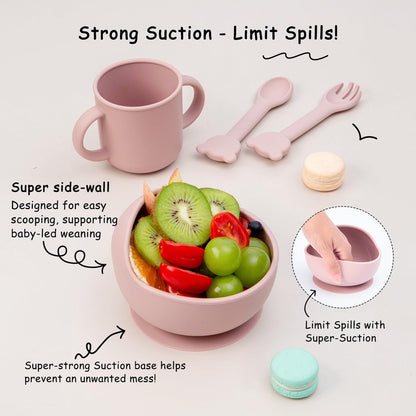 Baby Feeding Set, 13PCS Silicone Baby Self Feeding Set, Toddler Led Weaning Utensils Set with Suction Bowl and Plate, 3 Set of Baby Spoon and Fork, Adjustable Bid, Sippy Cup with Straw and 2 Lids