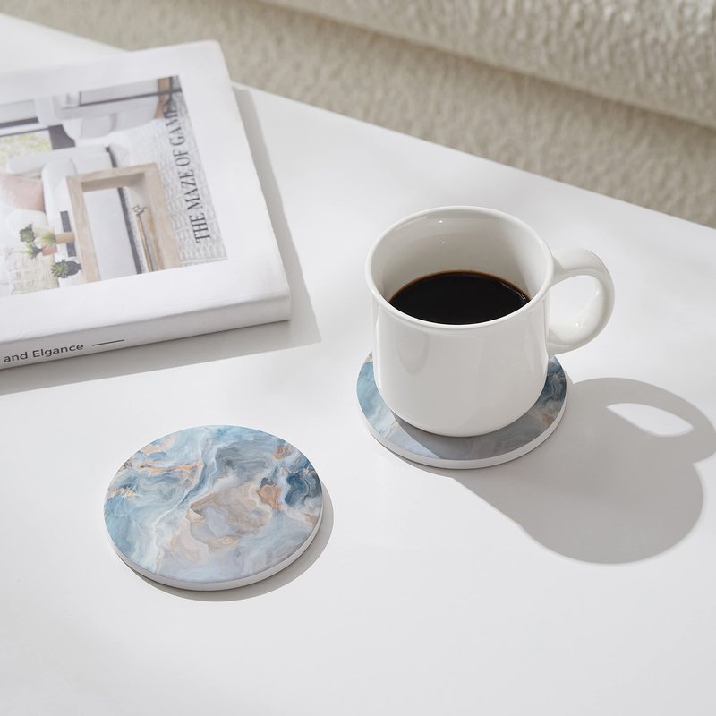 Hoomey Set of 6 Abstract Blue Marble Coasters with Holder, Absorbent Ceramic Coasters for Drinks, Coasters with Cork Backing for Table Protection, Housewarming Gifts for New Home