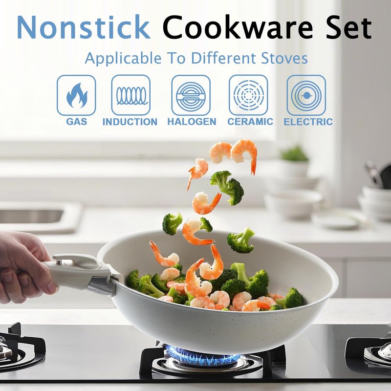 VIVIDCOOKWARE 7Pcs Non Stick Pots and Pans Set, Ceramic Cookware Set with Detachable Handle, PFAS-Free, Oven & Induction Safe (White)