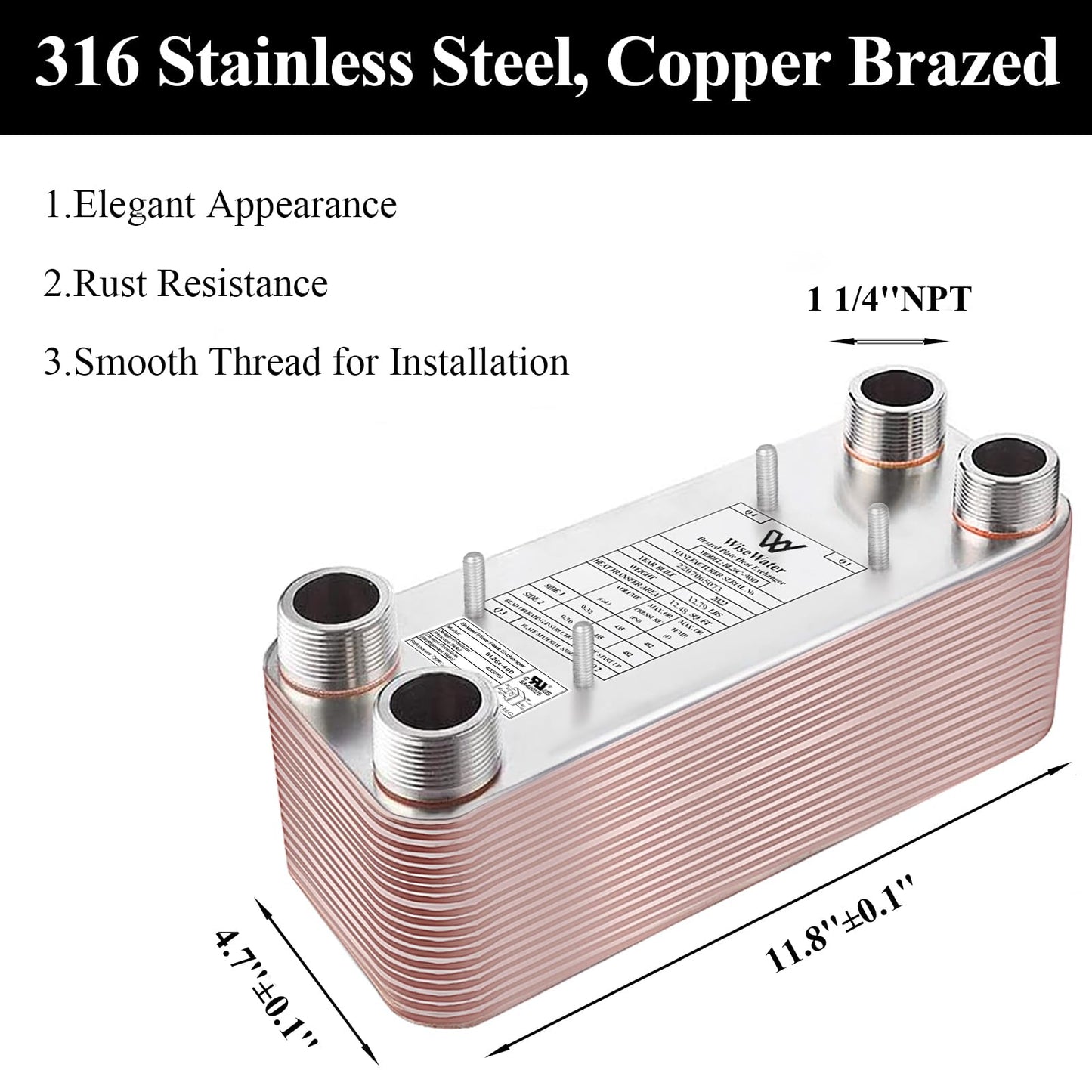 AB Plate Heat Exchanger, 5"x 12" 100 Plates Water To Water Heat Exchanger, Copper/SS316L Stainless Steel Brazed Plate Heat Exchanger For Floor Heating, Water Heating, Snow Melting
