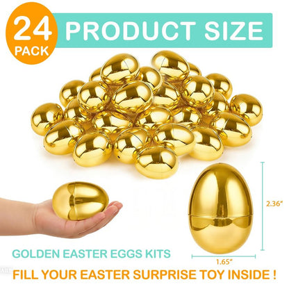 TURNMEON 24 Pack Golden Easter Eggs Empty, 2.36" Shiny Metallic Plastic Easter Eggs Fillable Surprise Gold Eggs for Easter Egg Hunt Fillling Candy Treats Toys Basket Stuffers Classroom Prize Supplies