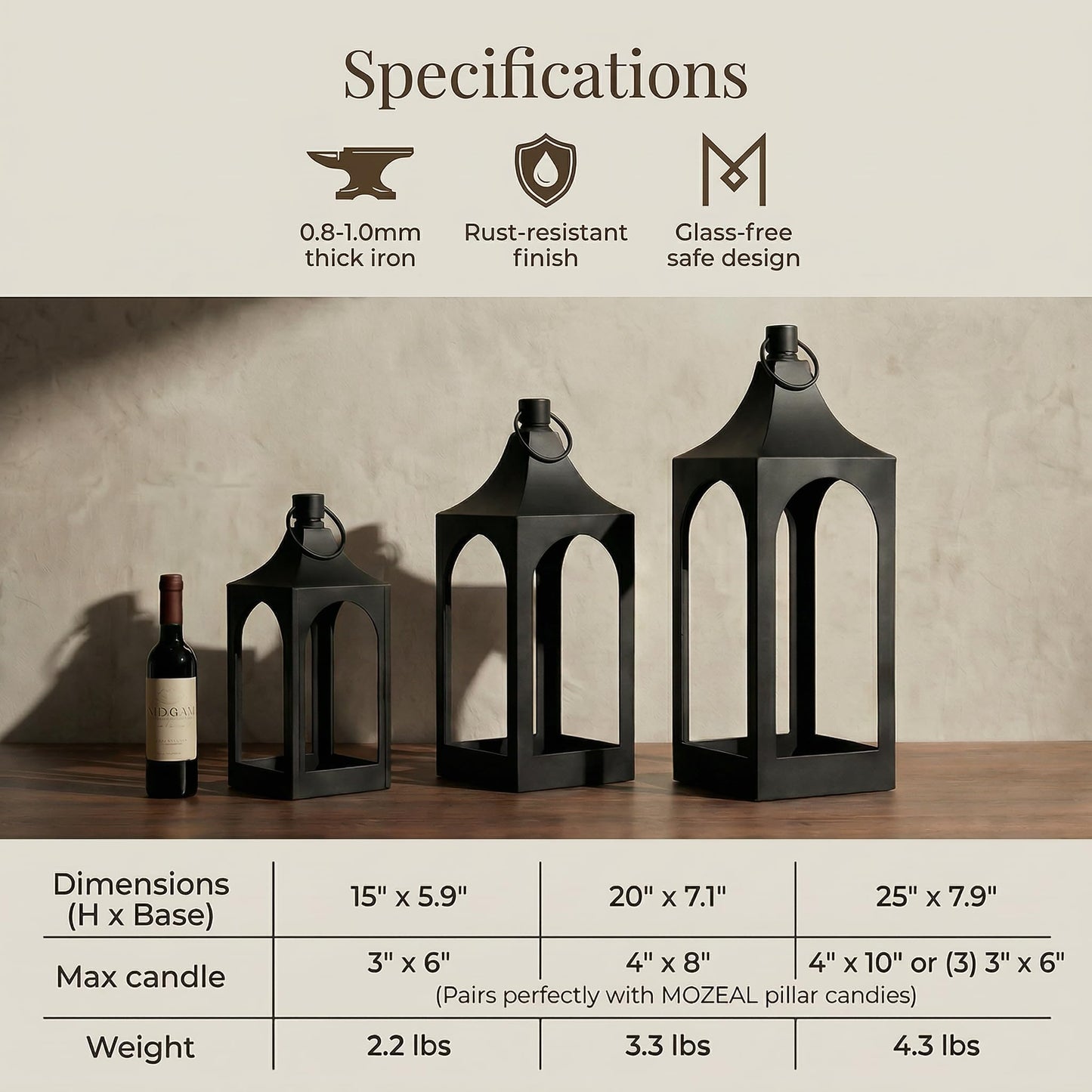 MOZEAL 15" Medium Grace Spire Hanging Lantern - Black Heavy Metal No Glass - Rust-Resistant, in/Out Use, for Centerpieces/Tables/Shelves/Hooks - Vers Event/Home - Vintage Holder for Pillar/LED Lights