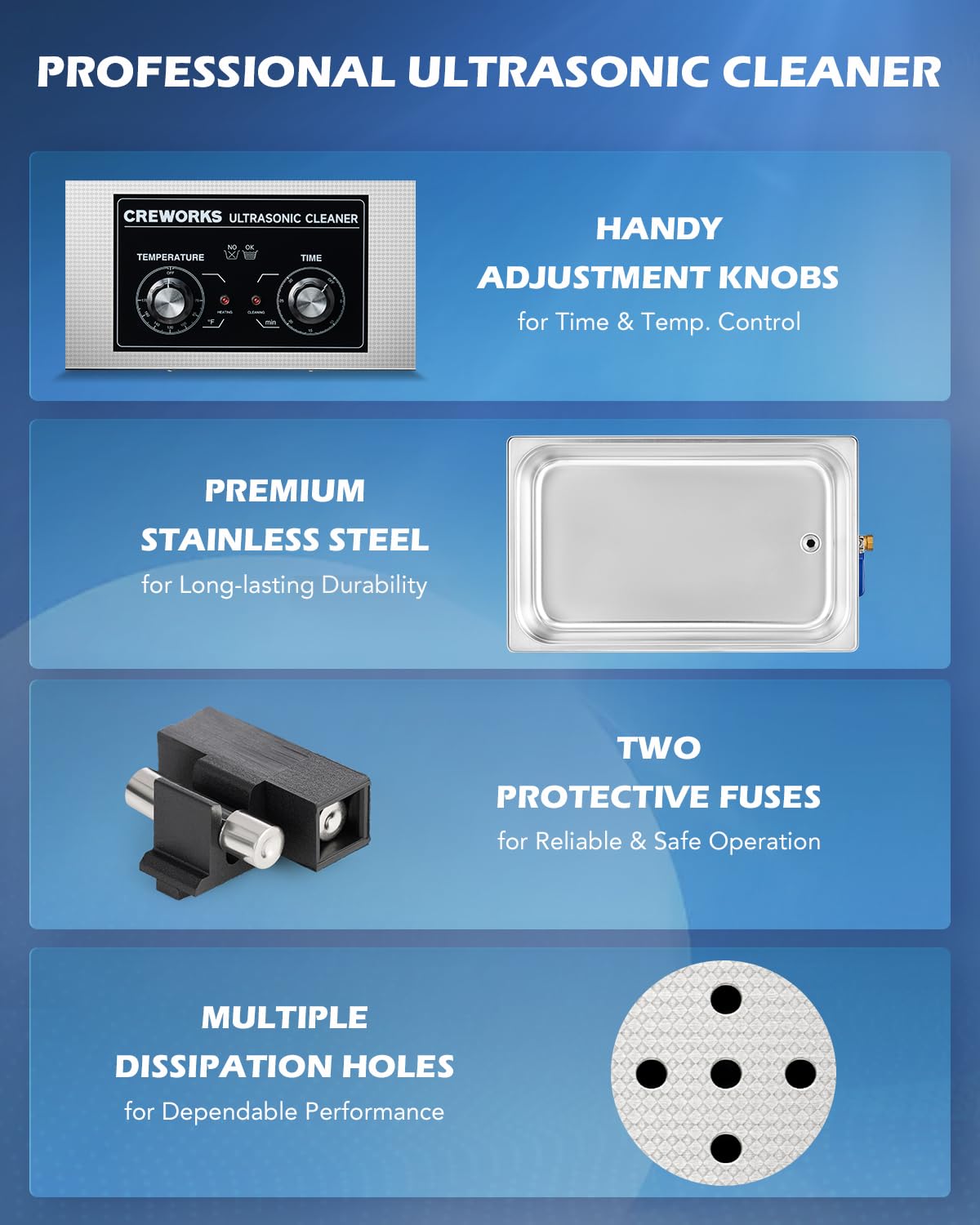 CREWORKS 30L Ultrasonic Cleaner with Heater & Timer, 600W 304 Stainless Steel Sonic Cleaner, 7.9 gal Ultrasonic Parts Cleaner with Knobs, Professional Lab Ultrasonic Cleaner for Auto Tool Machine Part
