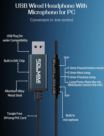 SOLMIMI USB Earbuds with Microphone for PC Laptop, 2M/6.5ft USB-A Headset Headphone with Microphone for PC Computer Laptop PS4 PS5 Notebook Desktop Office Home with Volume Control& Mute