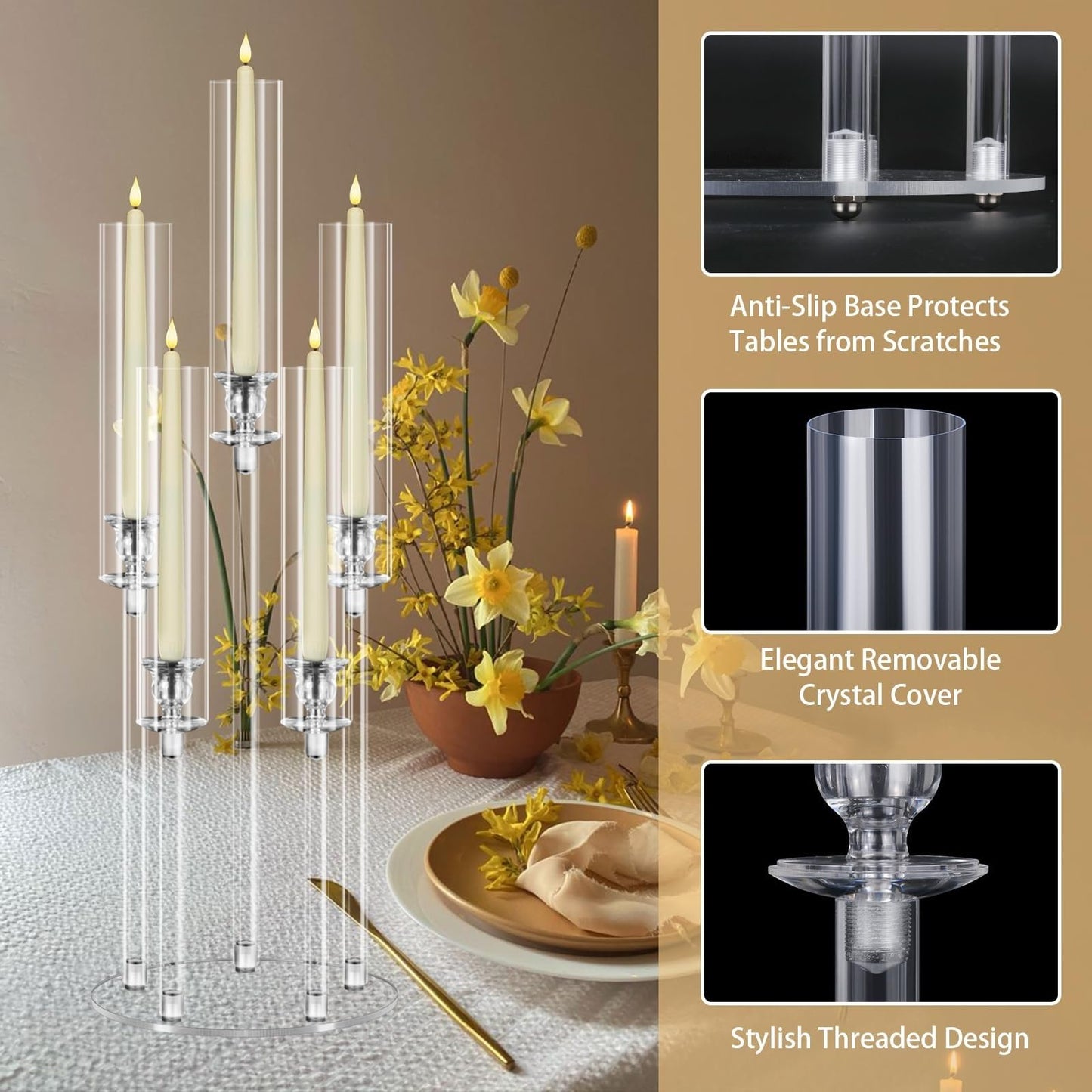 5 Arms Acrylic Candelabra Centerpieces for Tables, Clear Candle Holder for Halloween Christmas Wedding Party Decor, 27" Tall Candlestick Holders with Lampshade, Fits LED Candle(1pcs)