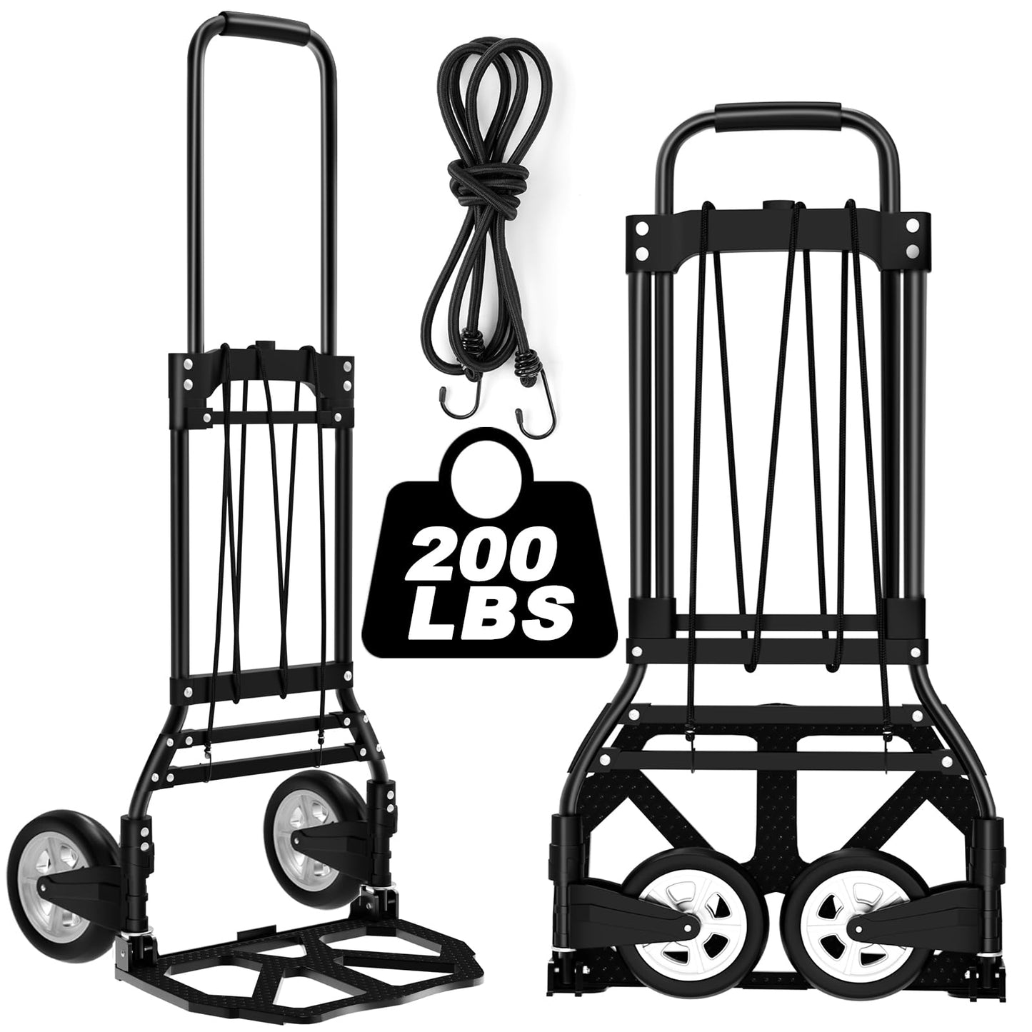Folding Hand Truck and Dolly, 200 LB Capacity Upgraded Aluminum Dolly Cart, Extended Handle Portable Hand Truck for Travel, Moving, Shopping, Office Use, Black
