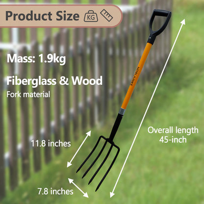 HORIJUNKE Garden Fork, 4-Tines Pitchforks,45-Inch Pitchfork for Gardening,Fiberglass Digging Fork Pole, D-Handle