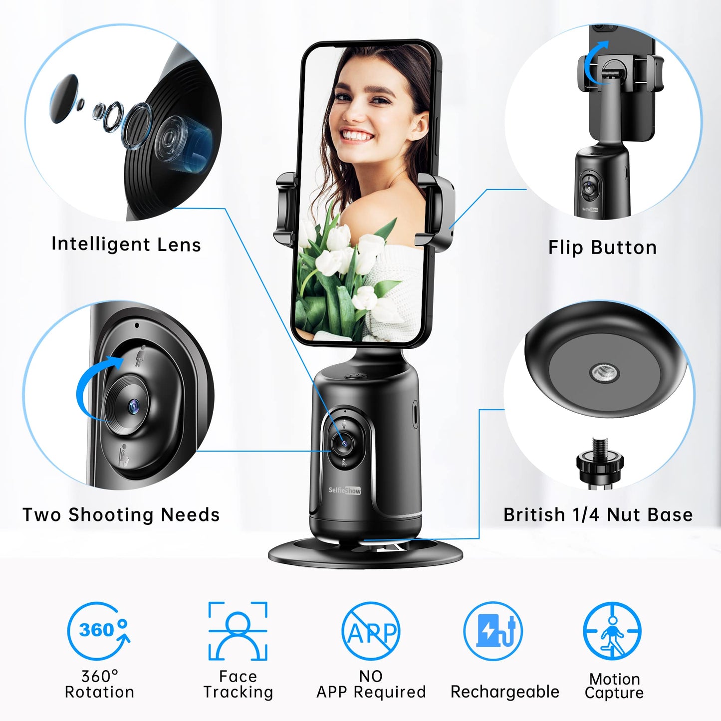 Auto Tracking Phone Holder, Auto Face Tracking Tripod, Portable All-in-one Smart Selfie Stick 360 Rotation Fast Face & Object Tracking Cameraman Robot Mount for Phone Video Vlog Live Streaming(Black)