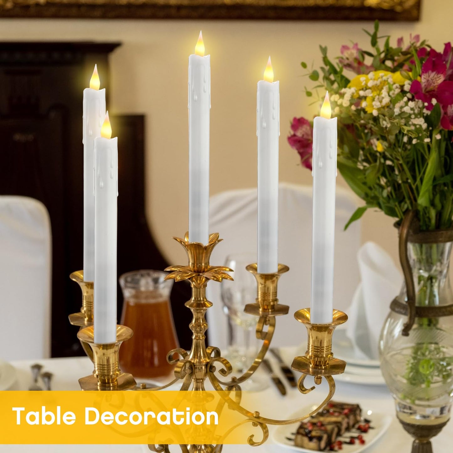 Baquler 50 Pcs 10 Inch White Flameless Taper Candles Dripless Battery Operated LED Flickering Candlesticks Window Candle with 3D Flickering Flame for Wedding Spring Summer Decor