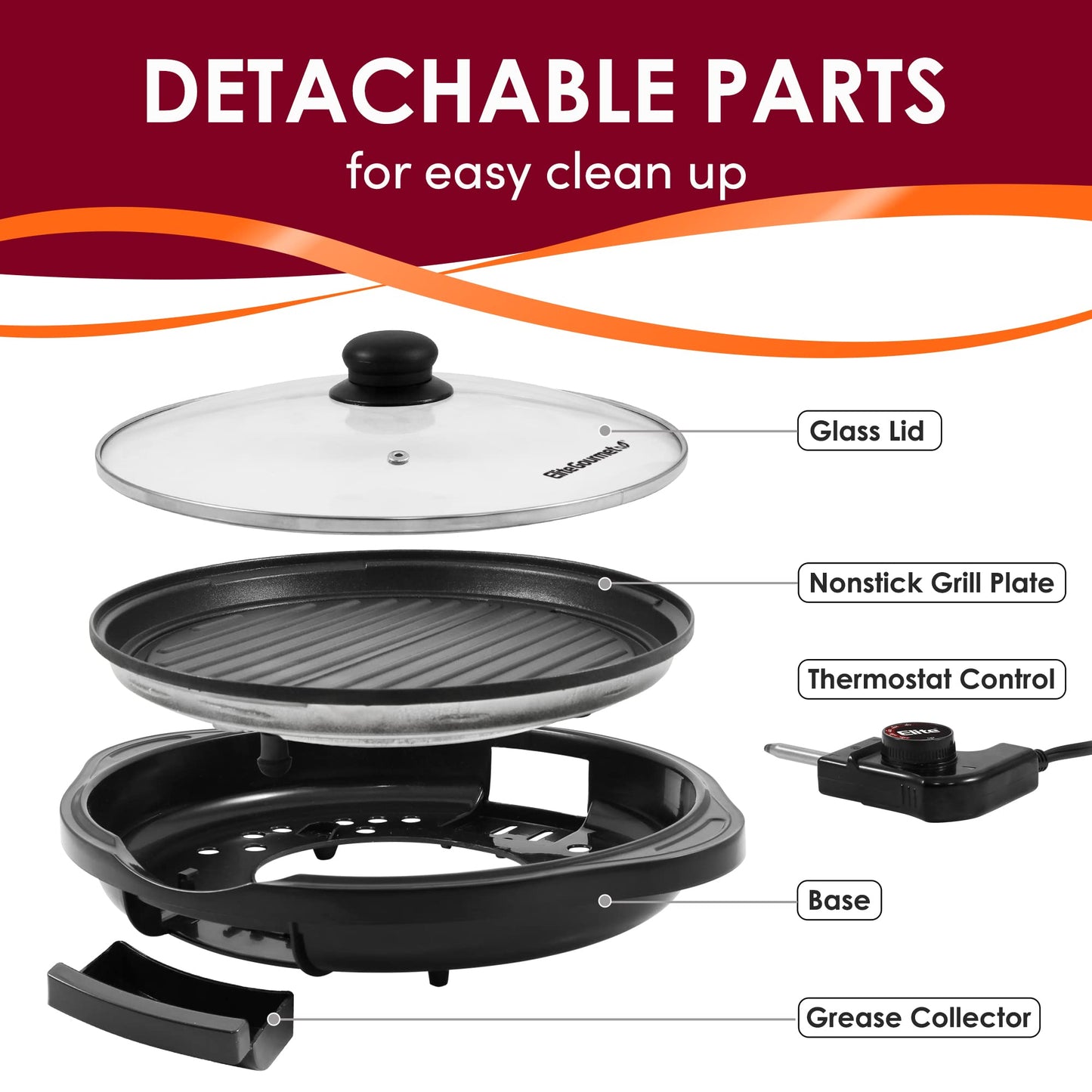 Elite Gourmet EMG-980B Smokeless Electric Tabletop Grill Nonstick, 6-Serving, Dishwasher Safe Removable Grilling Plate, Grill Indoor, Tempered Glass Lid, Adjustable Temperature, 14" Black