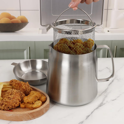 50oz 304 Stainless Steel Oil Filter Pot, Heavy Duty Bacon Grease Container & Deep Fryer Basket, Large Capacity Multi-function Oil Filter Vessel with Strainer for Kitchen Storing Frying Cooking Grease
