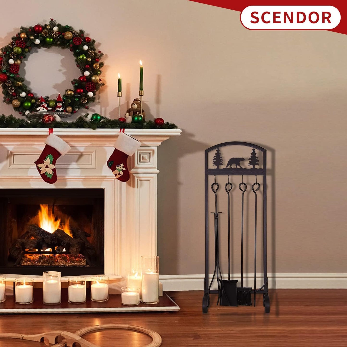 SCENDOR 5 Pieces Fireplace Tools Set 30.5 Inch Wrought Iron Fire Place Pit Poker Holder Brush and Stand Accessories Set Christmas Animal Pattern Outdoor Indoor