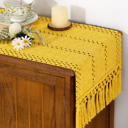 Socomi Boho Table Runner Easter Spring Farmhouse Rustic Dining Kitchen Centerpiece Decor Small Macrame Woven Cotton Linen Coffee Table Runner for Dresser Scarf Home Decor 12x72 in Yellow Gold