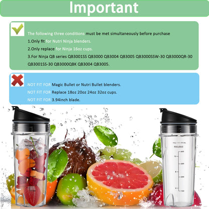 Sonkettek For Ninja Blender Cups 16oz Replacement Parts for Ninja QB3001SS BL770 BL780 BL660 BL740 BL810 QB3000SS, 2 Pack Nutri Ninja Series Blenders 16oz cups with Sip & Seal Lids