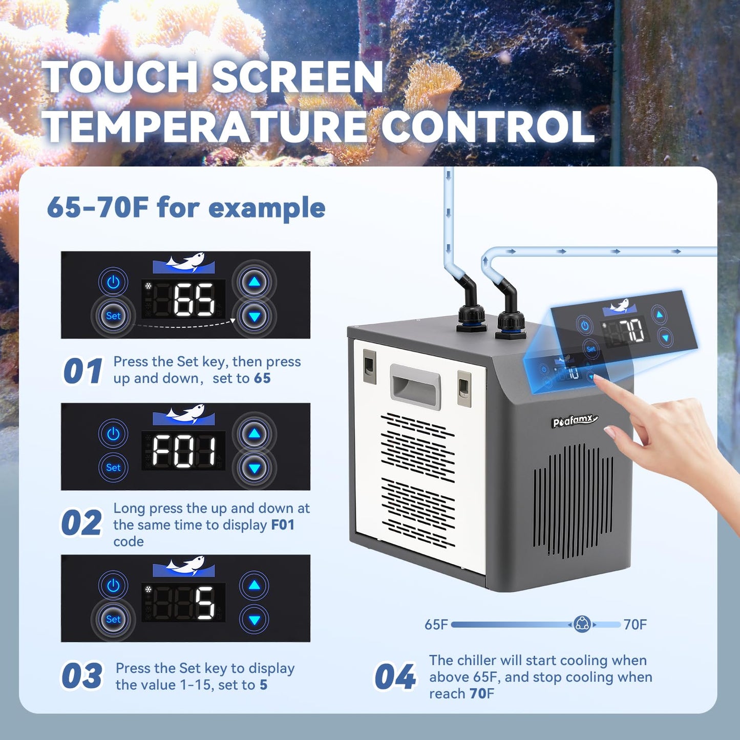 [New Upgrade] Poafamx Aquarium Chiller 42Gal Water Chiller for Fish Tank 1/10 HP Aquarium Cooler with Touch Screen Quiet Refrigeration Compressor Saltwater Freshwater for Fish Axolotl Hydroponic Coral