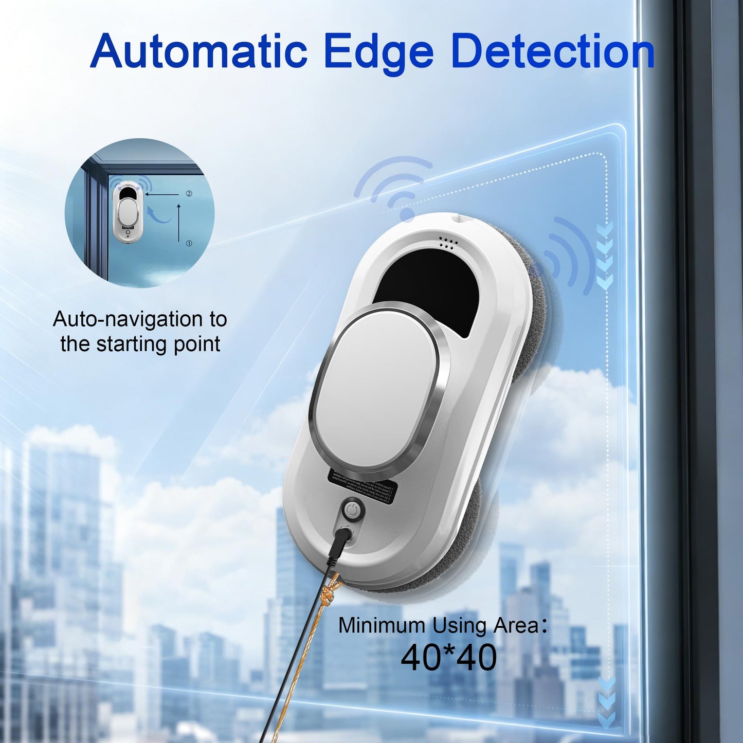 EAEGE Automatic Window Cleaning Robot, Smart Robot Window Cleaner Inside/Outside, 3000Pa Suction, Intelligent Path Planning, Remote Control for high Glass, Shower, Mirror with 10 Rags(White)