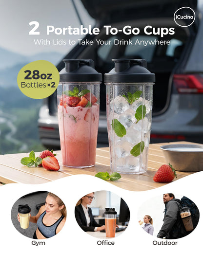 ICUCINA - 28 Oz Blender Cup Replacement with To-Go Lids, Cups for Protein Shakes, BPA Free Smoothie Cups (Pack of 2)