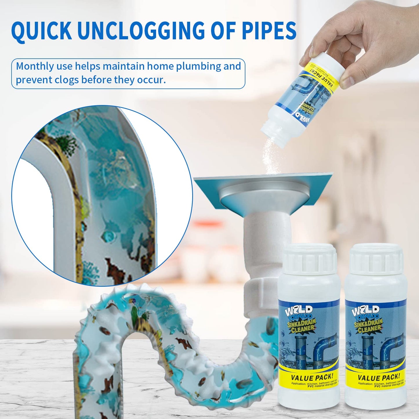 Wild Tornado Pipe Dredge,Powerful Sink Cleaner Powder Fast Foaming for Kitchen Toilet Pipeline Quick Cleaning Tool（4pcs）