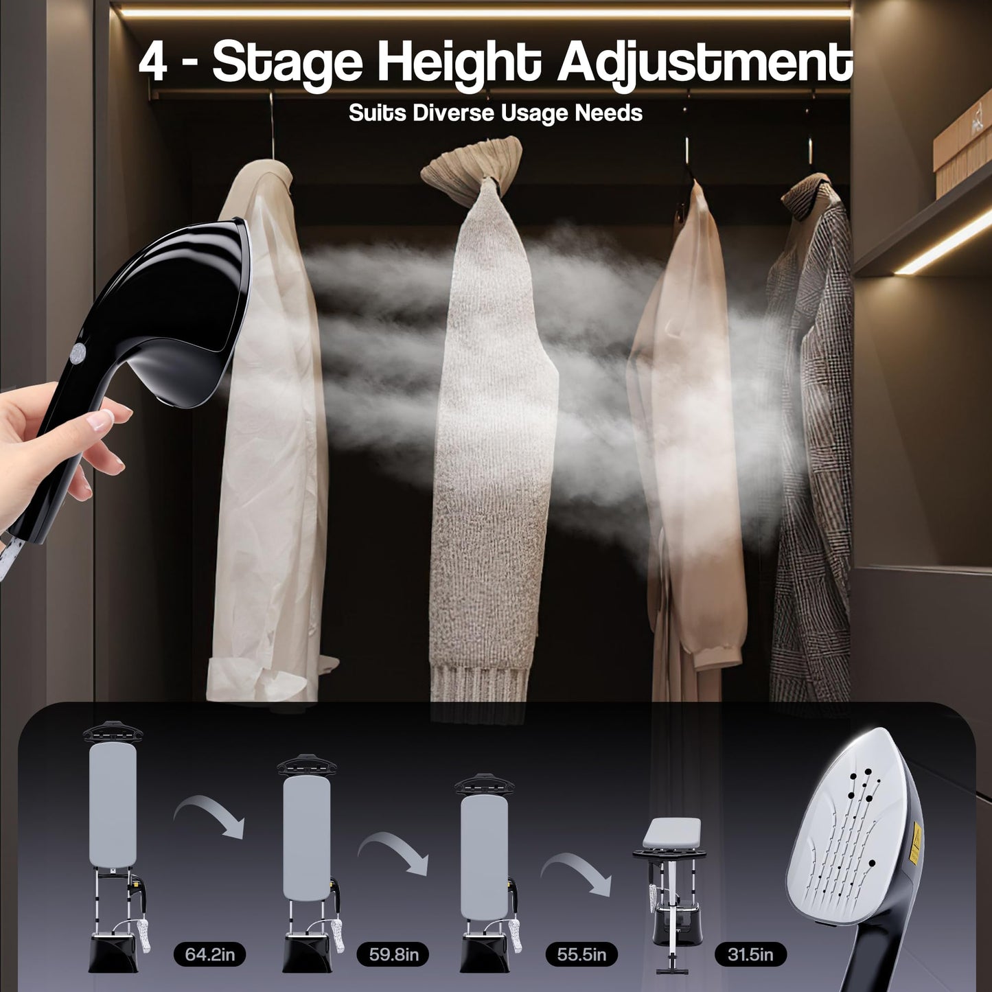 MOMOKOVA Standing Garment Steamer with Dry Ironing, 2000W Powerful Steamer for Clothes with with Flat & Slant & Hanging Iron Options,3 Steam Modes, 25s Fast Heat-Up, 2.2L Water Tank (Black-Silver)