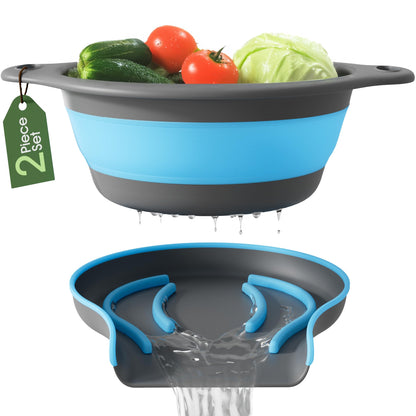 Collapsible Colander Strainer, Includes Over-sink Countertop Draining Base (5QT) Large Kitchen Drainer for Vegetables Fruit and Pasta, Round Foldable Draining Basket, Easy Storage (White)
