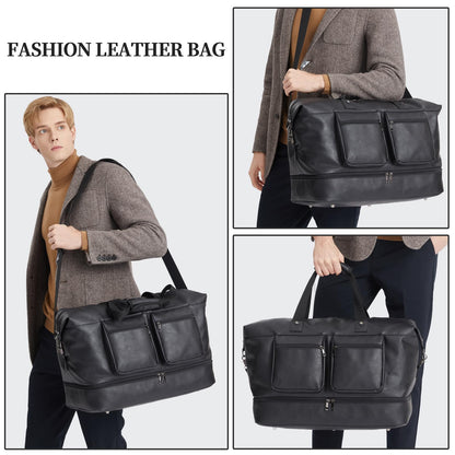 Pu Leather Travel Duffle Bag, Overnight Weekender with Shoe Compartment - Large Gym Bag for Men & Women - Black