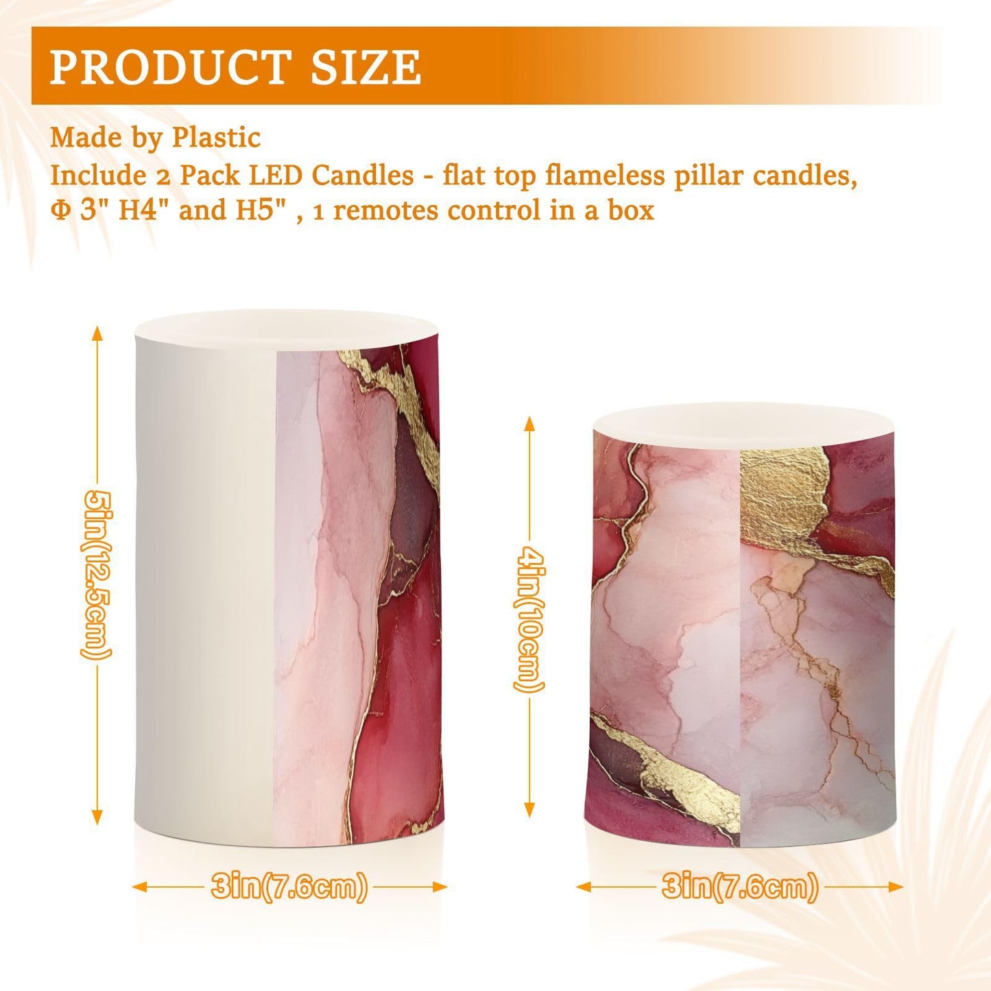 Zathe Flameless Pillar Candle Timer Led Candles for Table Marble Blush Red