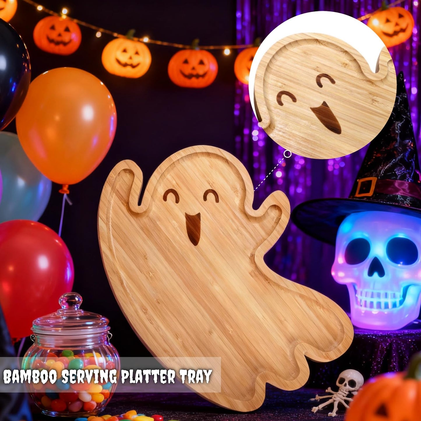 Mezchi Cute Ghost Shape Halloween Charcuterie Board, Decorative Bamboo Serving Platter Tray, Wood Cheese Cutting Board, Charcuterie Tray Plates for Halloween Kitchen Decor, Gifts