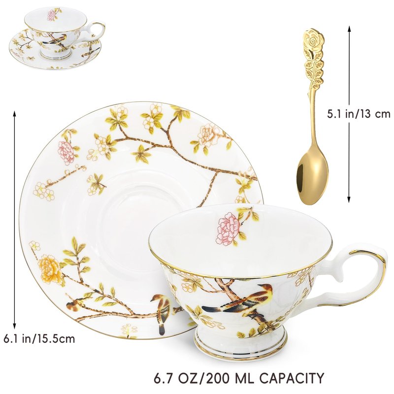 Keofoskv Tea Cups and Saucers, 7.5 OZ Floral Bone China Coffee Cup Set with Spoon, Vintage Garden Teacups with Gold Trim, Tea Cups in a Reusable Handmade Gift Box with Ribbon (Bourbon Rose 2)