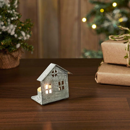Antique Grey Metal Village House Tealight Holder - 3.25x2.75x2 Inch Decorative Accent