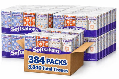 3,840 Count 3-Ply Pocket Facial Tissues – 384 Travel Packs with 10 Tissues Each, Bulk Value Pack