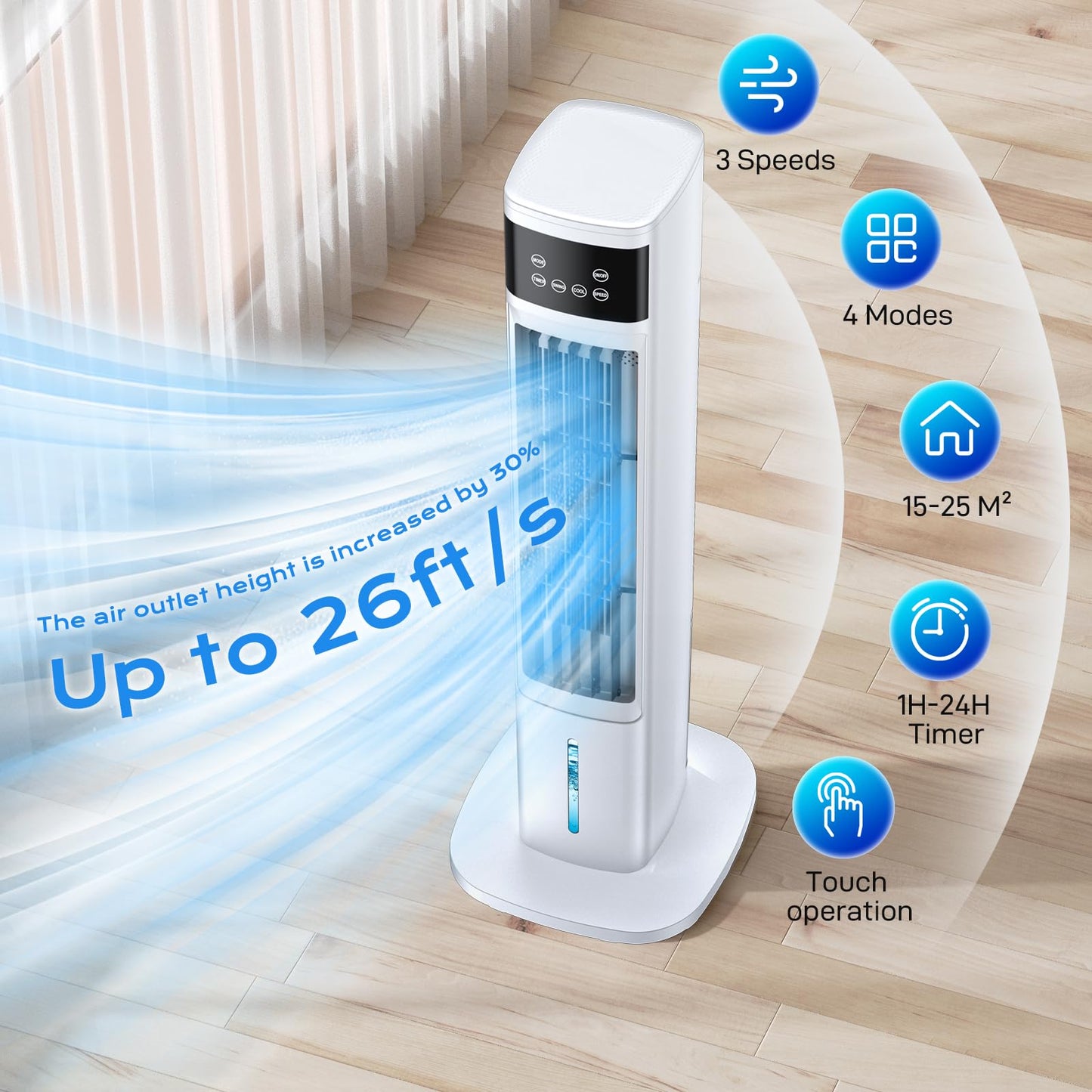 Evaporative Air Cooler, 3-in-1 Portable Air Conditioners for Room, 4 Modes 3 Speeds, Fast Cooling Portable AC Unit/24H Timer, Remote Oscillating Tower Fan, Quiet Swamp Cooler for Bedroom Office