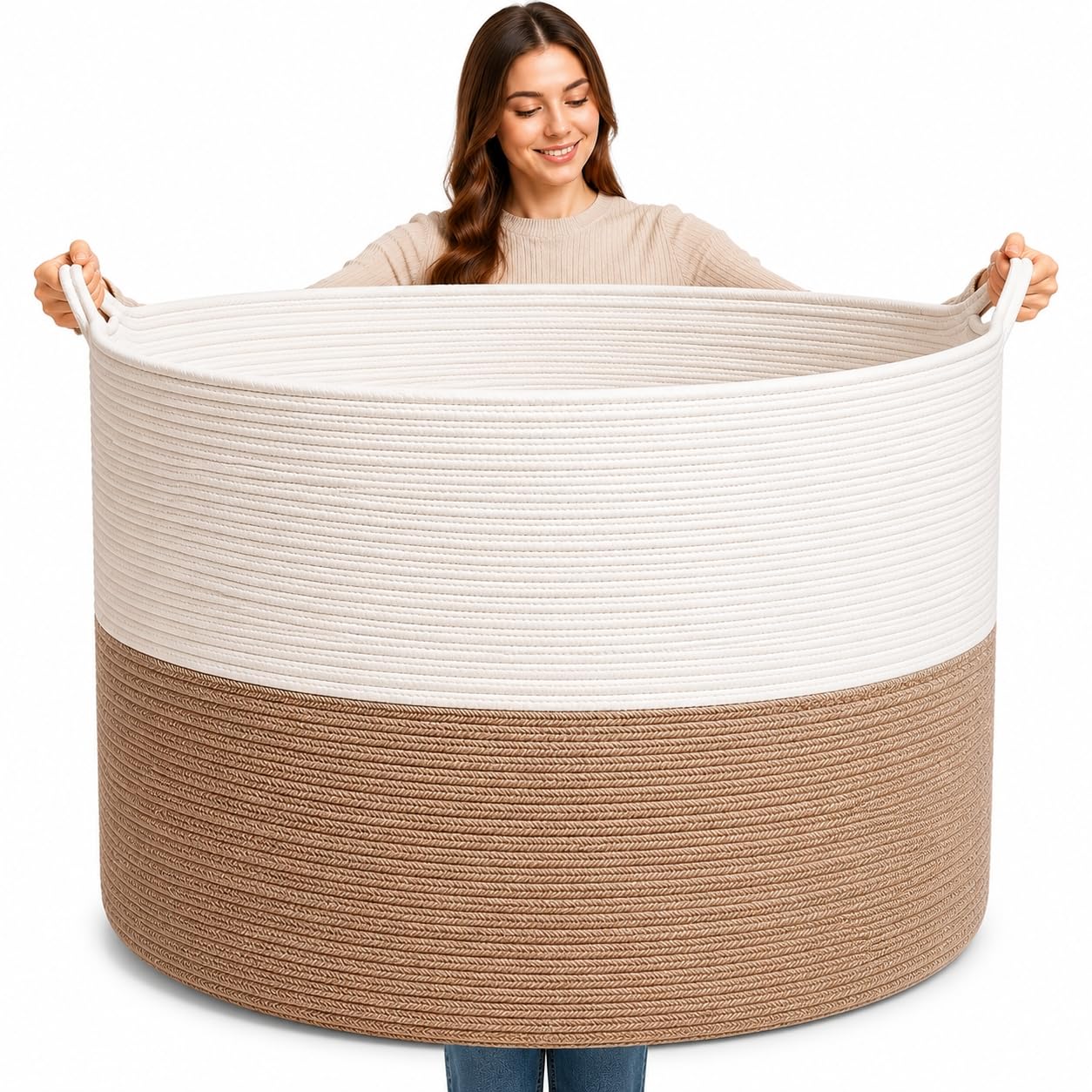 Handmade Large Cotton Rope Storage Basket, Cotton Rope Basket for Blankets, Woven Storage Bin for Bedroom Nursery, Clothes Hamper for Laundry, Large Laundry Hamper, 86L Tall Laundry Basket Blue