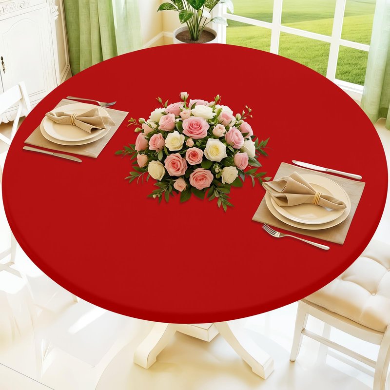 Moosfor Round Spandex Tablecloth, Elastic Fitted Waterproof Tablecloths for 45"-56" Tables, Stretch Washable Picnic Table Cover for Camping, Dining, Indoor and Outdoor, Red