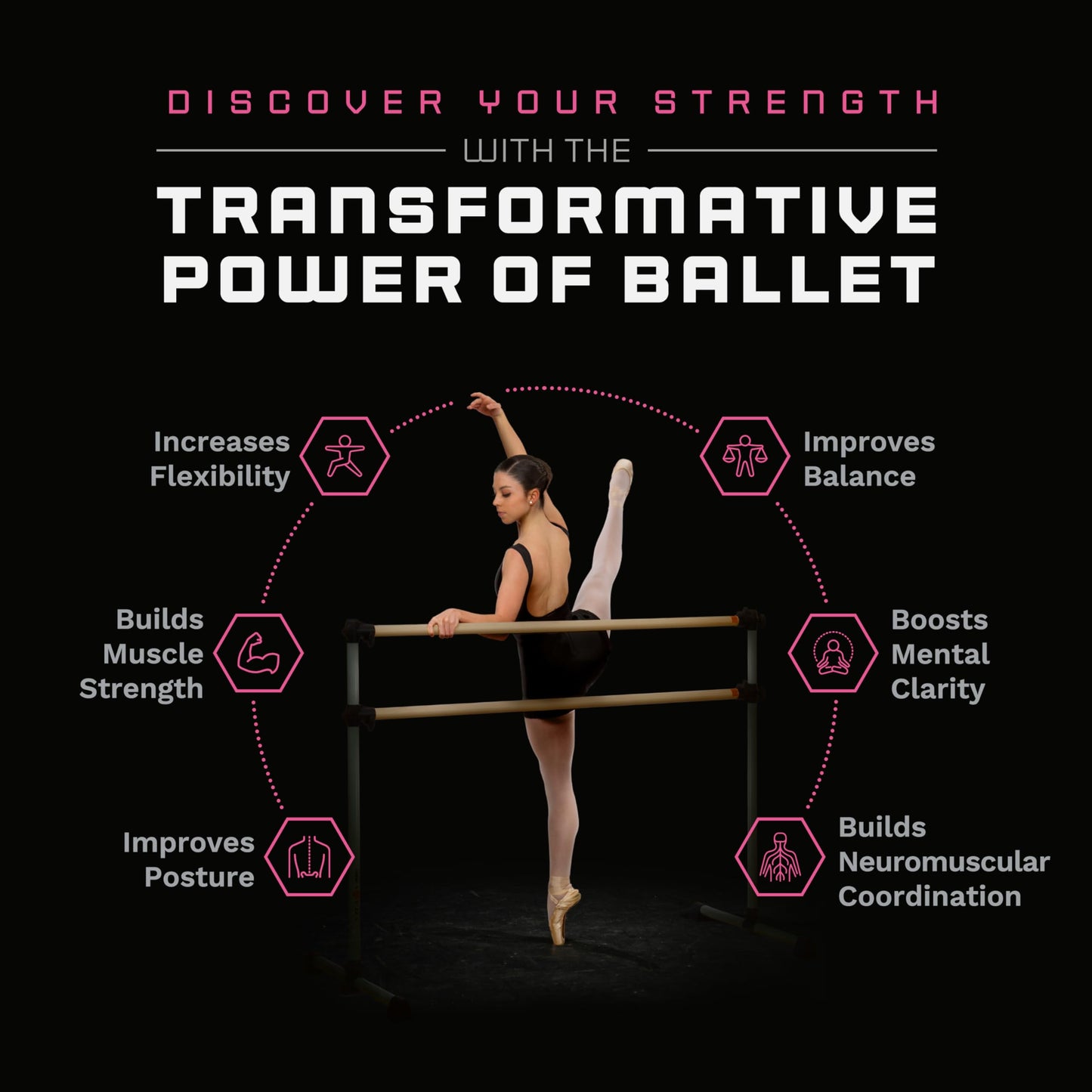 VITA Barre Portable Freestanding Double Ballet Barre, Prodigy, 6 Ft Bars, Black | Adjustable Height, USA Made, Home or Gym Exercise Equipment for Kids & Adults | Dance, Fitness, Pilates