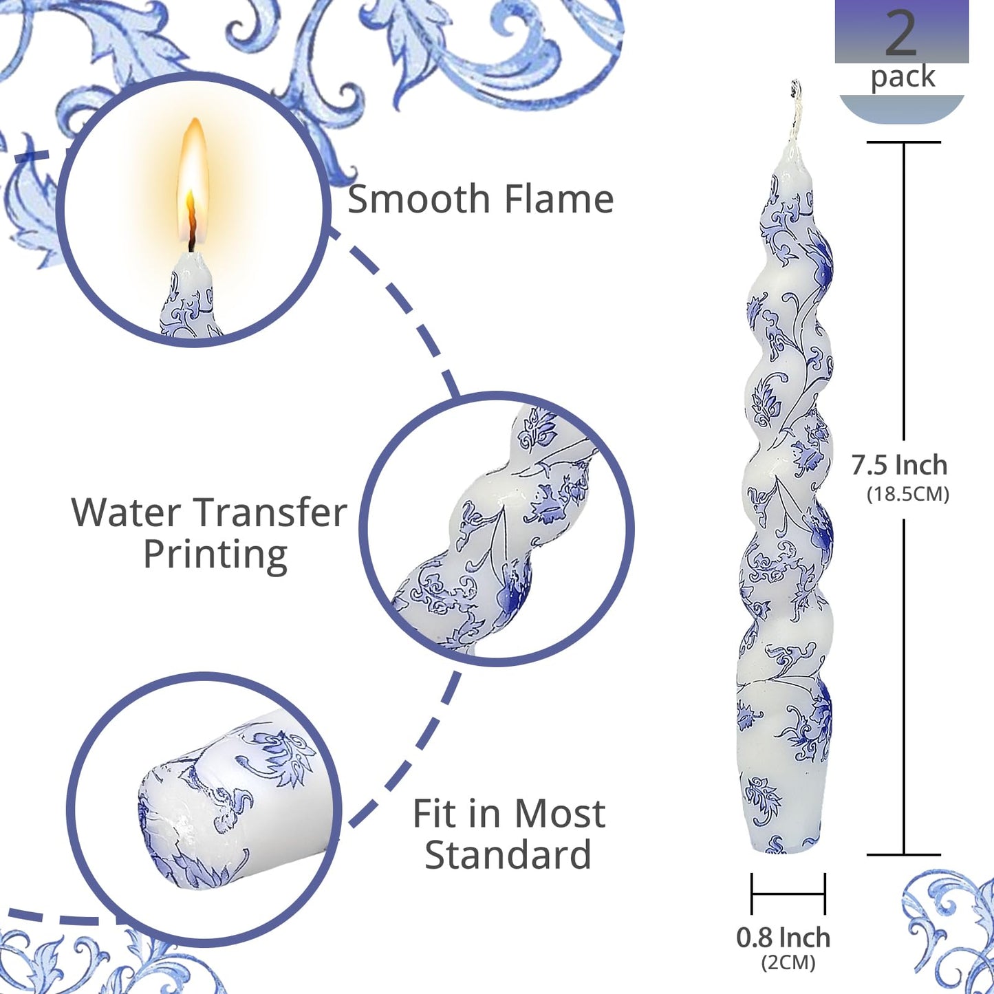 NJAO HOO Floral Taper Candles 7.5 in Spiral Candlesticks Hand Printed Blue Flower Candlestick Twisted Taper Candle for Home Garden Decor Simple Modern, 2Pcs