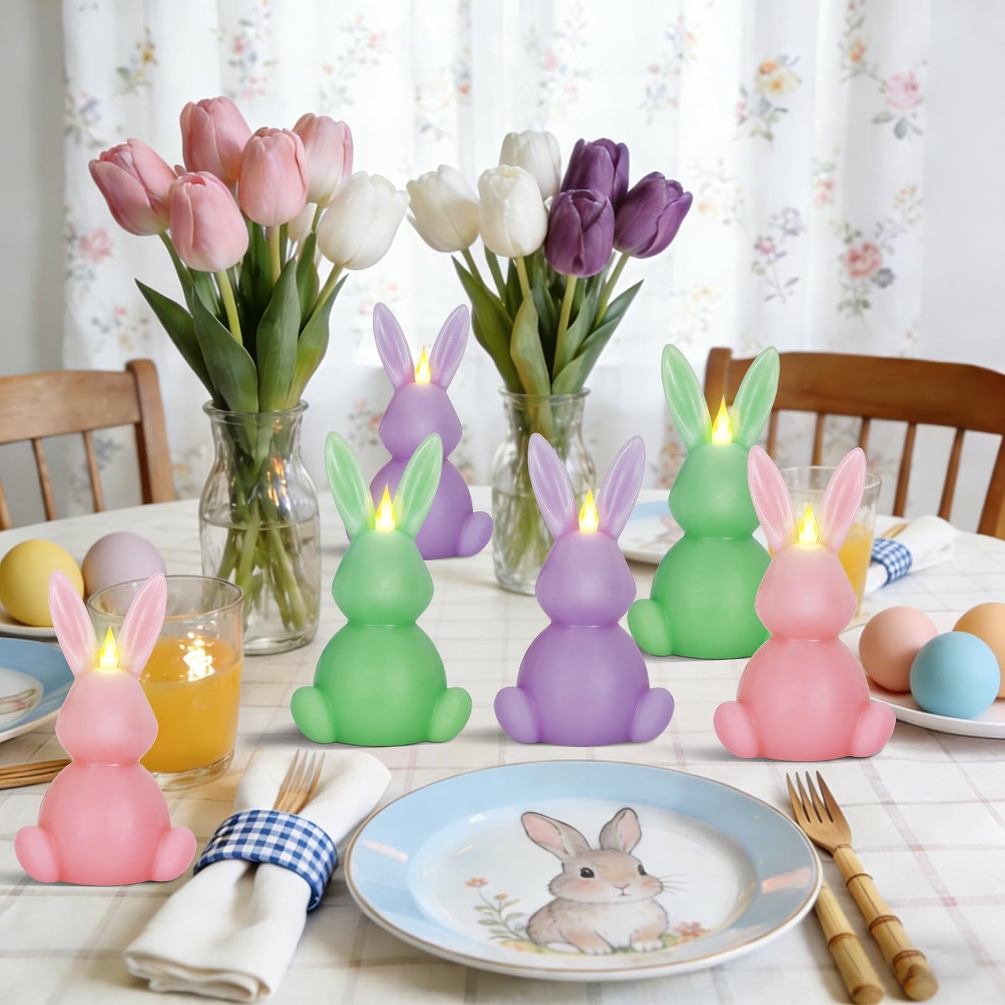 Leorate 6PCS Easter Bunny Flameless Candles – 7.5" Battery Operated LED Rabbit Candles with Flickering Flame, Green Purple Pink Real Wax Finish for Easter Decor, Table Centerpiece & Spring Home