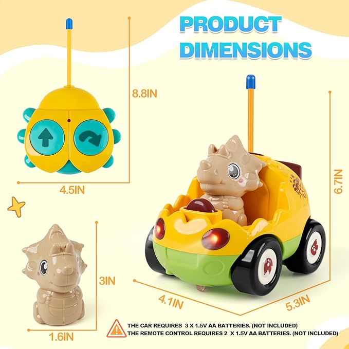 Remote Control Dinosaur Car Toy for Toddlers - Birthday Gift for Boys Ages 18+ Months 2 3 4 5 Year Old - RC Dino Vehicle with Lights and Music Easy Control Toy for Kids