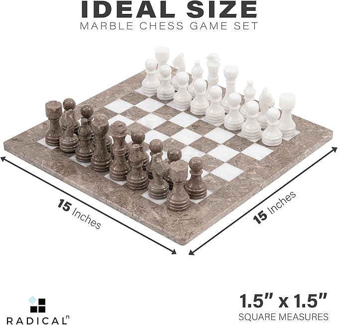Radicaln Marble Chess Set 15 Inches Handmade Grey Oceanic and White Classic Board Game Ideal Chess Games for Adults Luxury Marble Chess Boards &amp Pieces for Gifts